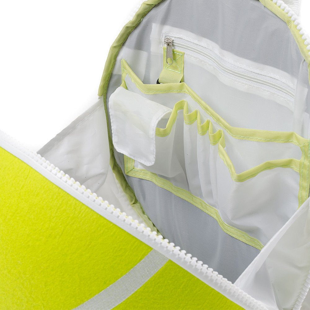 Tennis ball backpack interior shows handy compartments for pens, phone, and wallet.